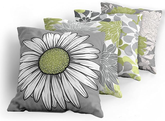 Ambesonne Floral Throw Pillow Cushion Case Pack of 4, Flower Petals Color Palette Chamomile Peony Dahlia and Sunflower, Accent Double-Sided Digital Printing, 18", Grey Pastel Green