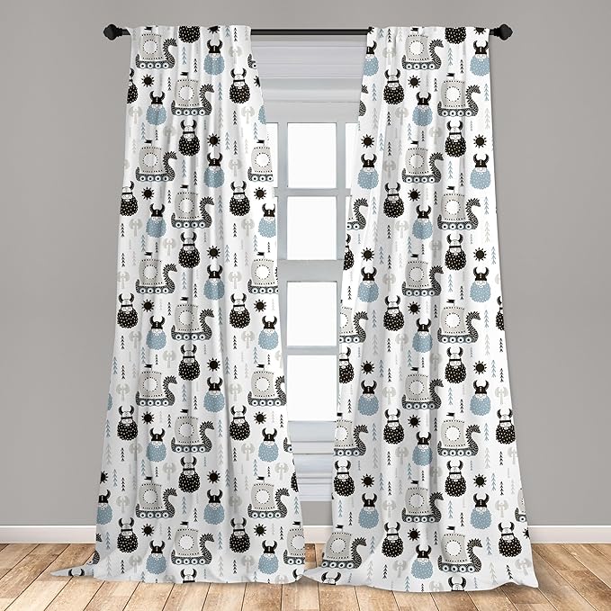 Ambesonne Scandinavian Curtains, Viking Longboat Design Cartoon Style Character Illustration, Window Treatments 2 Panel Set for Living Room Bedroom, Pair of - 28" x 84", Blue Grey