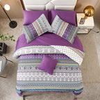 Cottolester Boho Comforter Set King Size 8 Piece Bed in a Bag Bohemian Striped Bedding Quilt Set Purple Paisley Floral Comforter and Sheet Set,Soft Microfiber Complete Bedding Sets for All Season