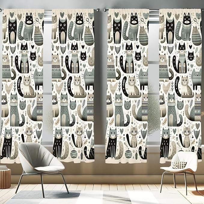 Ambesonne Cats Window Curtains Pack of 2, Modern Scandinavian Inspired Innocent Kitten Pattern with Leafy Details, Lightweight Set with Rod Pocket, 4 Panels of - 28" x 84", Pale Teal Pale Khaki Grey