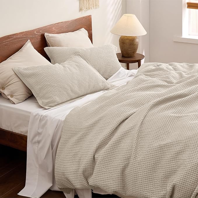 Bedsure Cotton Duvet Cover Queen Size - 100% Cotton Waffle Weave Beige Duvet Cover Queen Size, GentleSoft™ and Breathable Bedding Set for All Season, 3 Pieces, 90"x90"