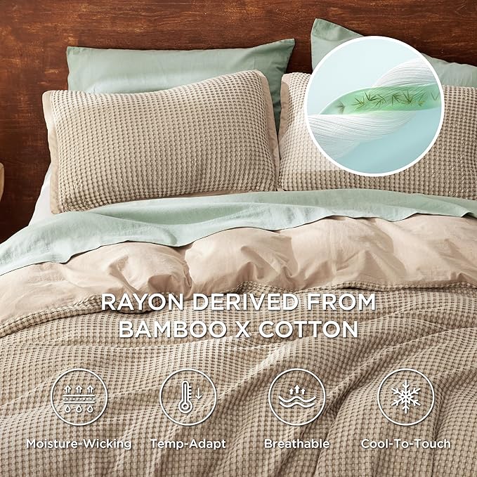 Bedsure Cooling Waffle Duvet Cover Queen - Cotton Blend Rayon Derived from Bamboo Duvet Cover Set for Hot Sleepers, Breathable Bedding Set with a Vintage Charm, 3 Pieces (Taupe, Queen, 90"x90")