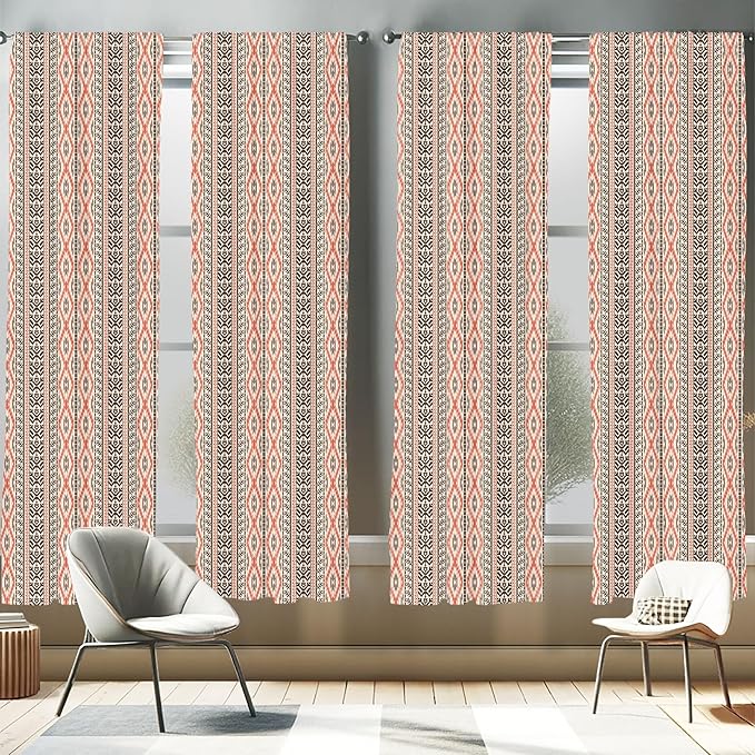 Ambesonne Southwestern Window Curtains Pack of 2, Traditional Vertical Borders Inspired by Prehistoric Art Ikat Style, Lightweight Set with Rod Pocket, 4 Panels of - 28" x 63", Brown Coral