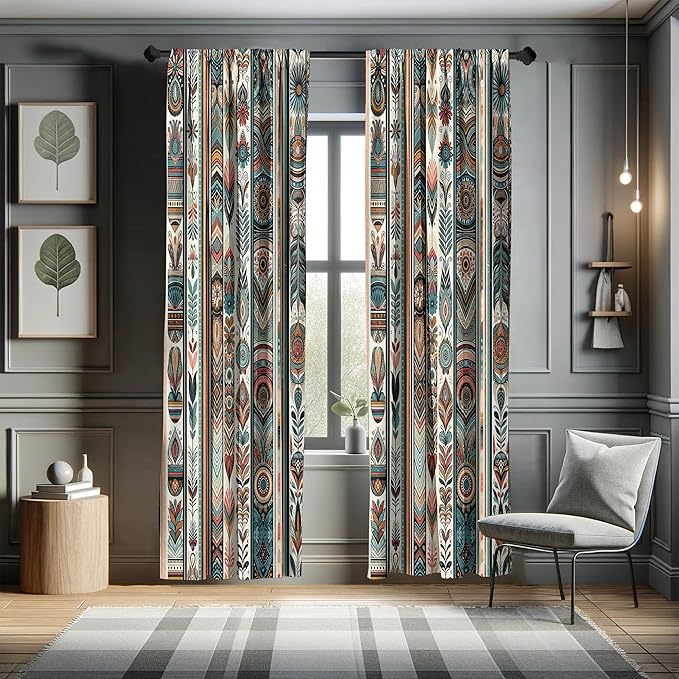Ambesonne Ethnic Window Curtains Pack of 2, Folkloric Style Floral Ornaments with Bohemian Oriental Motifs as Stripes, Lightweight Set with Rod Pocket, 4 Panels of - 28" x 63", Teal Coral and Orange