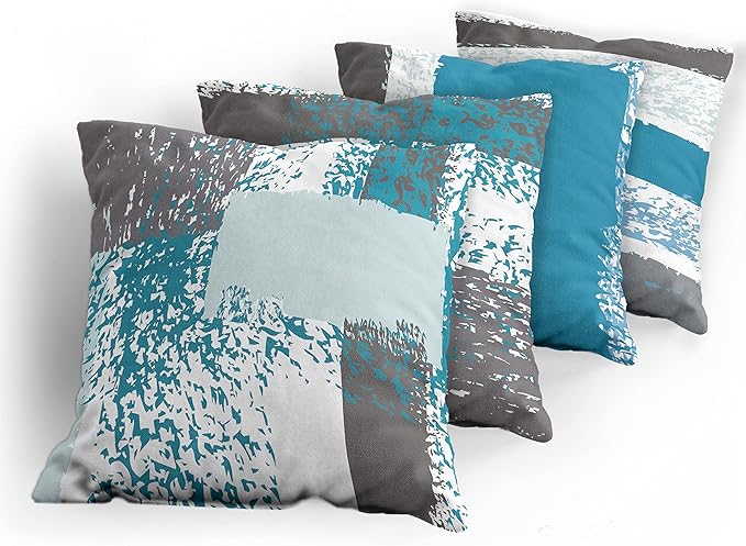 Ambesonne Grunge Throw Pillow Cushion Case Pack of 4, Abstract Design Simplistic Minimal Stripes Brushstrokes Contemporary, Modern Accent Double-Sided Digital Printing, 20", Sea Blue Grey and White