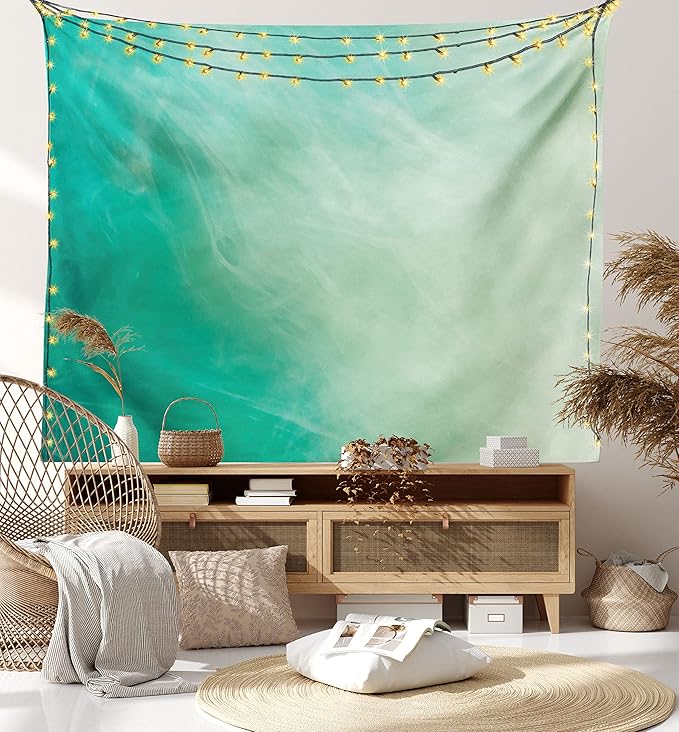 Lunarable Aqua Tapestry King Size, Watercolor Effect Wave Pattern Abstract Underwater Illustration Calming Artwork, Wall Hanging Bedspread Bed Cover Wall Decor, King Size, White Mint