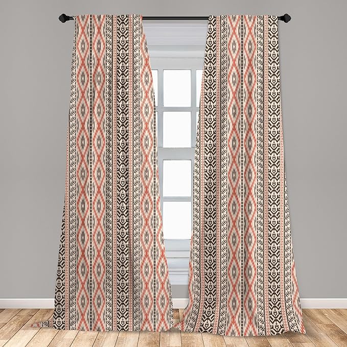 Ambesonne Southwestern Window Curtains, Traditional Vertical Borders Inspired by Prehistoric Art Ikat Style, Lightweight Decorative Panels Set of 2 with Rod Pocket, Pair of - 28" x 84", Brown Coral