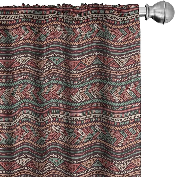 Ambesonne Boho Window Curtains, Hand Drawn Inspired Print of Triangles Colorful Latin American Folklore Motifs, Lightweight Decor 2-Panel Set with Rod Pocket, Pair of - 28" x 95", Maroon Coral