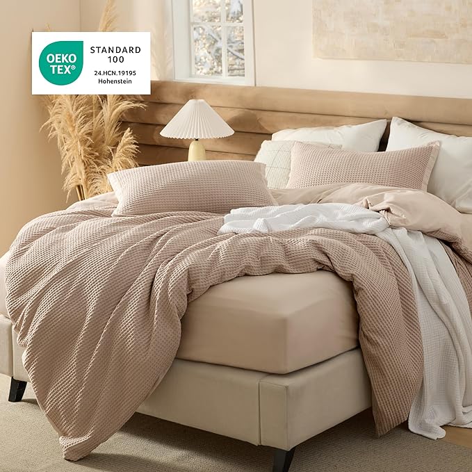 Bedsure 100% Cotton Duvet Cover Queen Size with Fitted Sheet - 4 Pieces Khaki Waffle Weave Bedding Set, GentleSoft™ and Breathable, Includes 1 Duvet Cover 90x90, 1 Fitted Sheet, 2 Pillow Shams