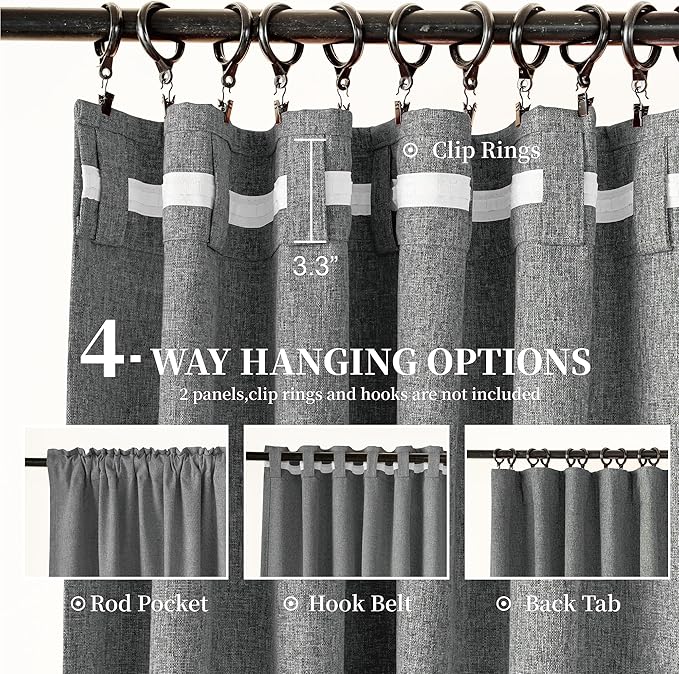 Neutral Grey Blackout Linen Curtains 90 Inches Long 2 Panels Set for Living Room, Rod Pocket/Hook Belt/Back Tab Room Darkening Soft Thick Linen Modern Curtains for Bedroom Dining, 52x90
