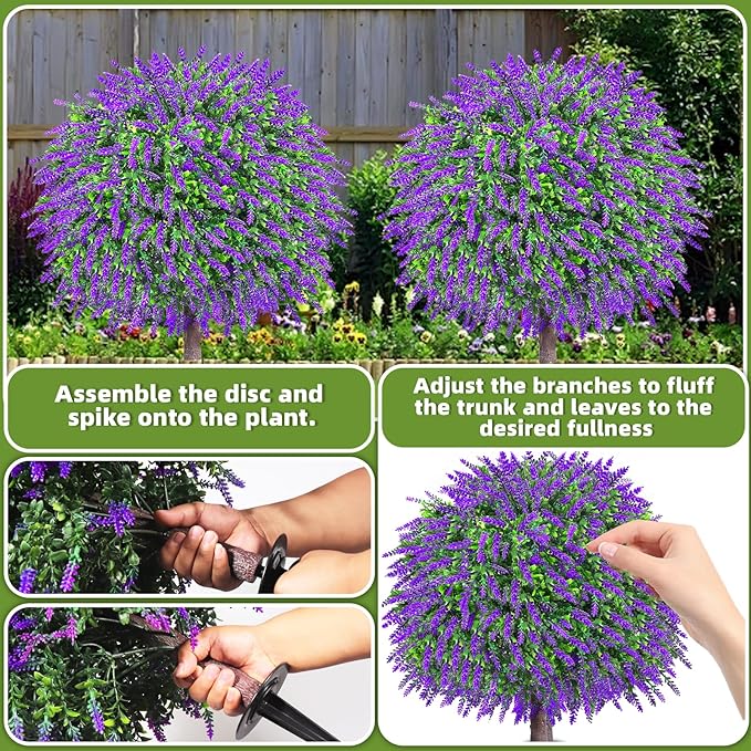 27.5" Artificial Boxwood Lavender Topiary Ball Trees, Set of 2 Fake Shrubs Bushes with Ground Spike, UV Resistant Faux Evergreen Plants for Outdoor Indoor Planters Front Porch Garden Decor