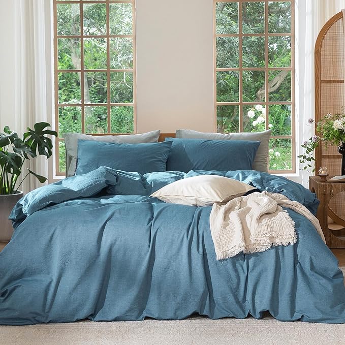 MooMee Bedding Duvet Cover Set 100% Washed Cotton Linen Like Textured Breathable Durable Soft Comfy (Heathered Peacock Blue, Cal King 104"x98")