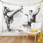 Lunarable Japan Tapestry Twin Size, Sumo Martial Arts Theme in Hand Drawn Style Wrestlers Sportsmen Self Defence, Wall Hanging Bedspread Bed Cover Wall Decor, Twin Size, Black White
