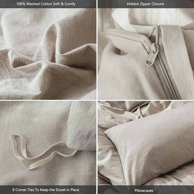 MooMee Bedding Duvet Cover Set 100% Washed Cotton Linen Like Textured Breathable Durable Soft Comfy (Heathered Tannish Linen Grey, Alaska King 132"x120")