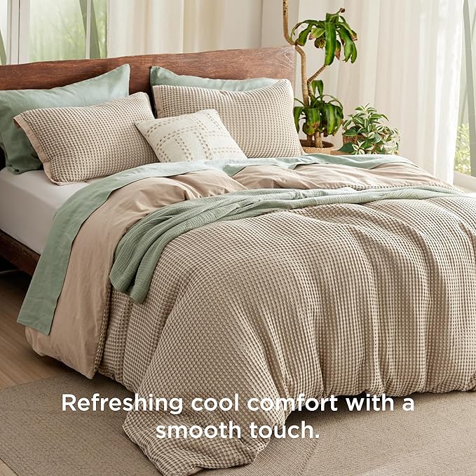 Bedsure Cooling Waffle Duvet Cover Queen - Cotton Blend Rayon Derived from Bamboo Duvet Cover Set for Hot Sleepers, Breathable Bedding Set with a Vintage Charm, 3 Pieces (Taupe, Queen, 90"x90")