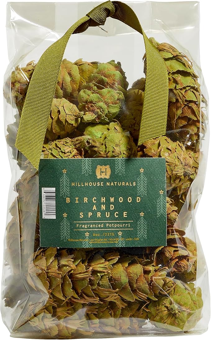 Hillhouse Naturals Birchwood & Spruce 8oz Potpourri Green Pine Cones. Solitude of Winter with fragrances of Aspen Birchwood, Spruce and Bergamot. Made in The USA.