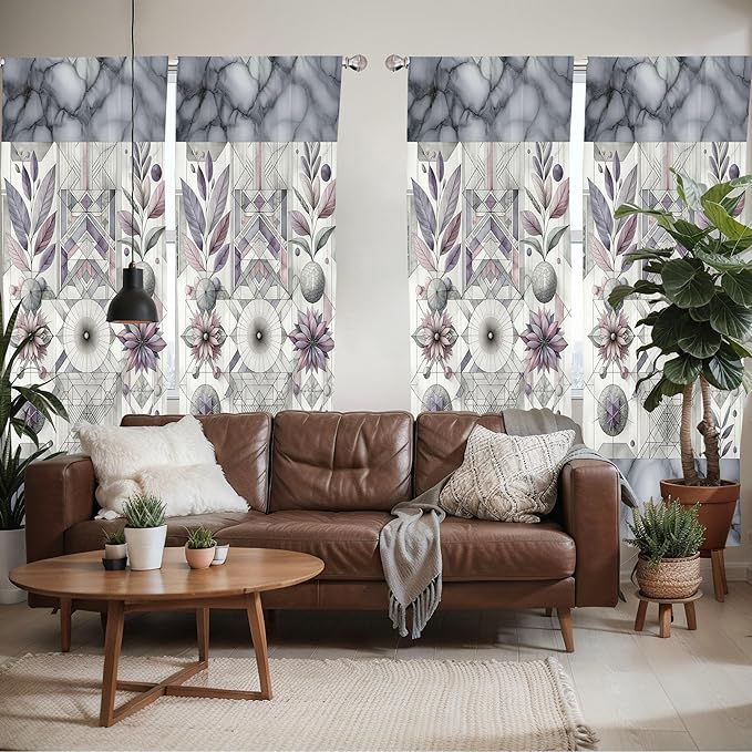 Ambesonne Geometric Floral Window Curtains Pack of 2, Classic Marble Print Ornate Leafy Flowers and Futurist Stripes, Lightweight Set with Rod Pocket, 4 Panels of - 28" x 84", Ceil Blue Laurel Green