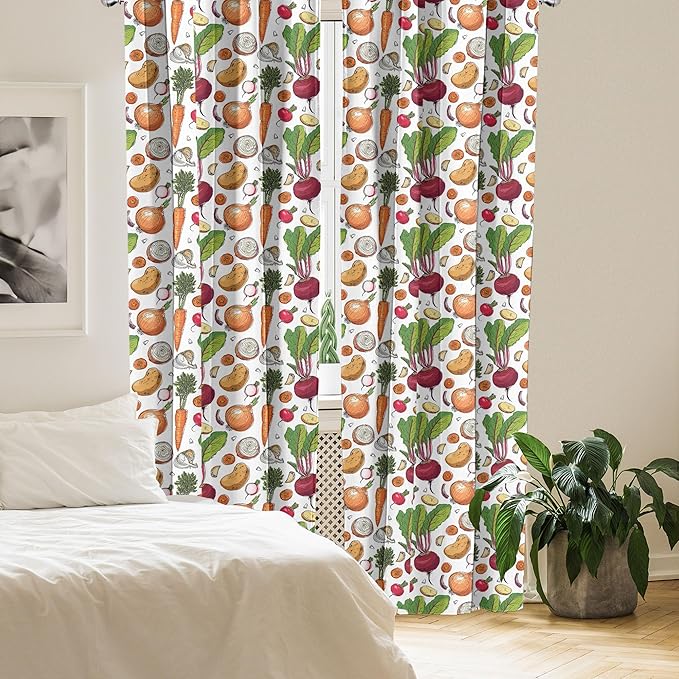 Ambesonne Vegetables 2 Panel Curtain Set, Continuous Pattern of Sketchy Painted Healthy Natural Tasty Food Illustration, Window Treatment Living Room Bedroom Decor, Pair of - 28" x 63", Green Orange