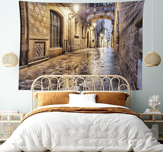 Lunarable City Tapestry, Narrow Street Gothic Design Architecture Carrer del Bisbe Barcelona Spain Europe, Wide Wall Hanging for Bedroom Living Room Dorm, 80" X 60", Tan Pale Brown