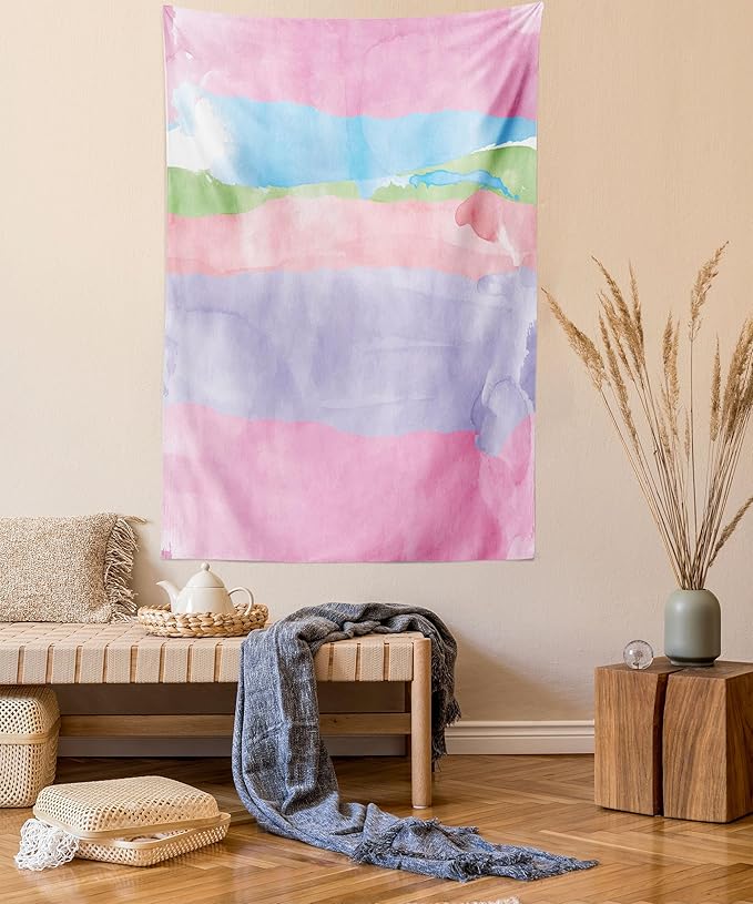 Lunarable Abstract Tapestry Twin Size, Paintbrush Watercolor Large Pastel Horizontal Stripes in Various Tones Boho Print, Wall Hanging Bedspread Bed Cover Wall Decor, Twin Size, Lilac Pink