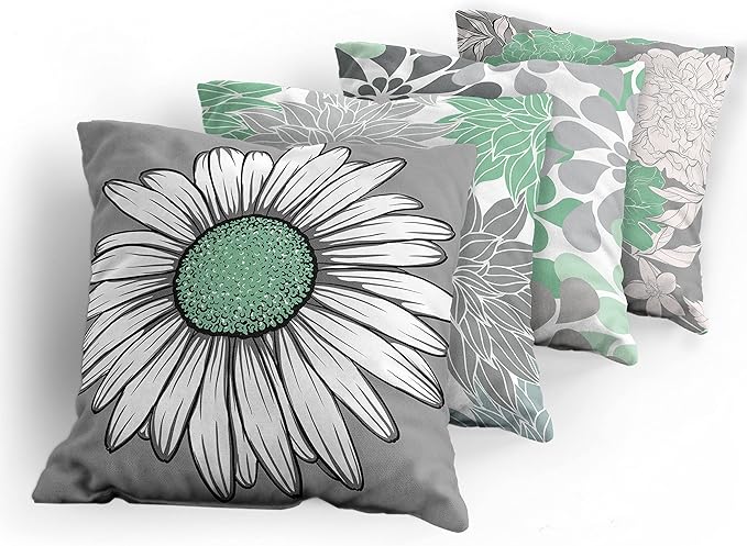 Ambesonne Floral Throw Pillow Cushion Case Pack of 4, Flower Petals Modern Color Palette Chamomile Peony Dahlia and Sunflower Print, Modern Accent Double-Sided Digital Printing, 24", Sea Green Grey