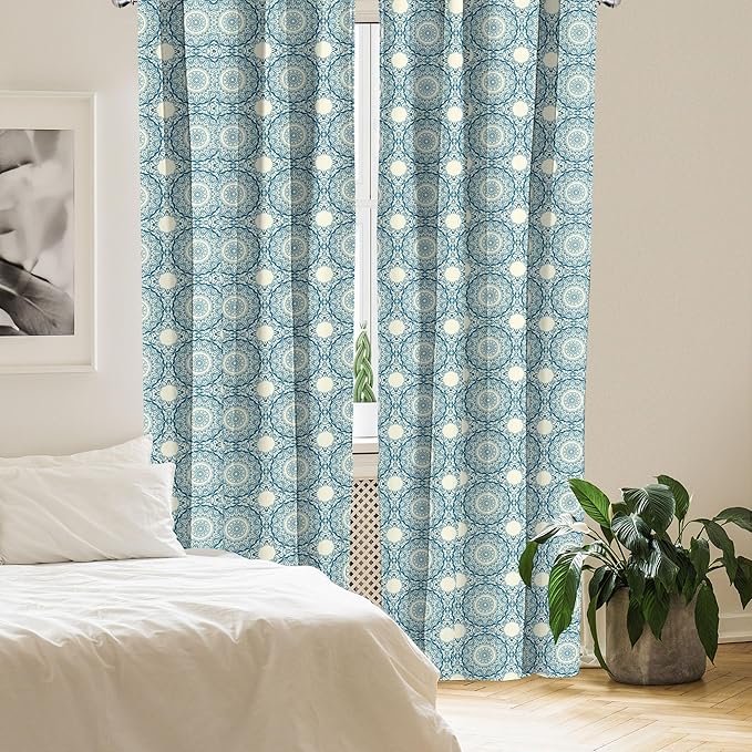 Ambesonne Circle Pattern Window Curtains, Wavy Bold Strokes Style Ornate Mandala Like Symmetrical Motif, Lightweight Decor 2-Panel Set with Rod Pocket, Pair of - 28" x 63", Petrol Blue Cream