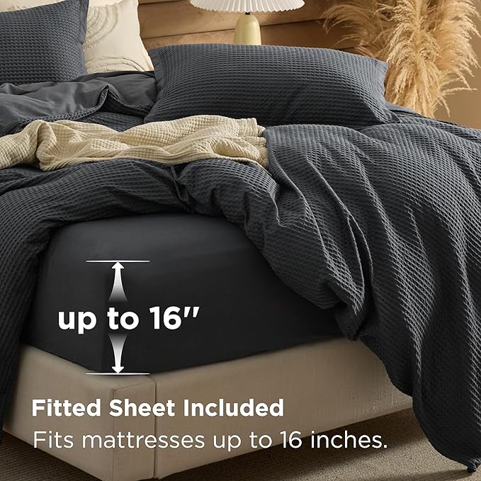 Bedsure 100% Cotton Duvet Cover Queen Size with Fitted Sheet - 4 Pieces Charcoal Waffle Weave Bedding Set, GentleSoft™ and Breathable, Includes 1 Duvet Cover 90x90, 1 Fitted Sheet, 2 Pillow Shams