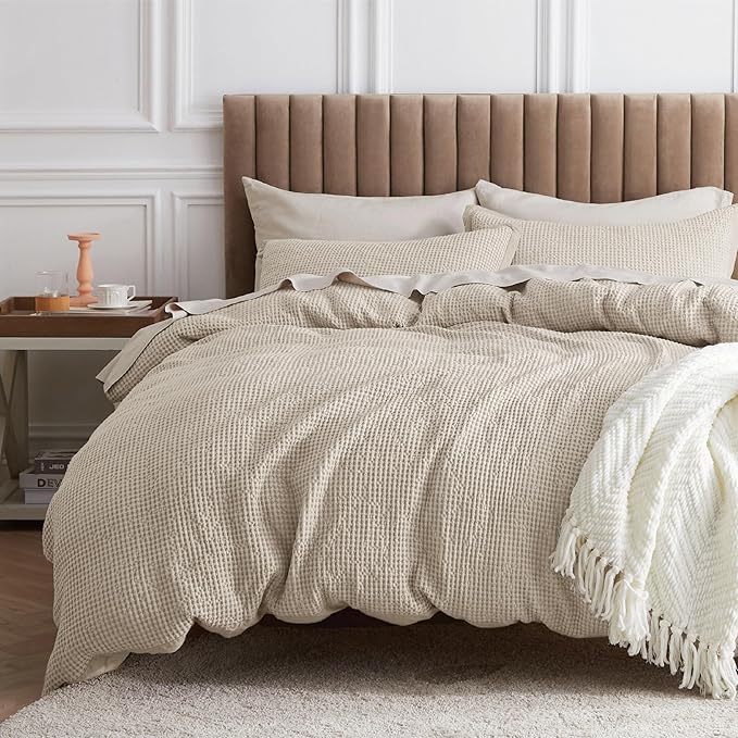 Bedsure Cotton Duvet Cover Set - 100% Cotton Waffle Weave Beige Duvet Cover Oversized Queen Size, GentleSoft™ and Breathable Bedding Set for All Season, 3 Pieces, 98"x98"