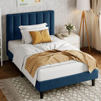 Allewie Twin Bed Frame/Velvet Upholstered Bed Frame with Vertical Channel Tufted Headboard/Strong Wooden Slats/Platform Bed Frame/Mattress Foundation/Box Spring Optional/Easy Assembly/Navy Blue