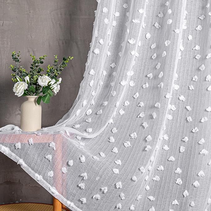 MYSKY HOME Pom Pom White Sheer Curtains for Bedroom Girls Room Curtains 72 Inches Long for Nursery Kids Light Filtering Boho Window Drapes, Rod Pocket, 38" Wide, 2 Panels