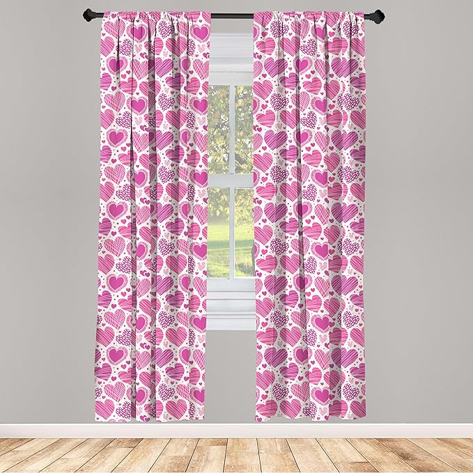 Ambesonne Valentines Window Curtains Pack of 2, Romantic Heart Shapes with Many Different Designs Polka Dots Crossed Lines, Lightweight Set with Rod Pocket, 4 Panels of - 28" x 63", Pink White