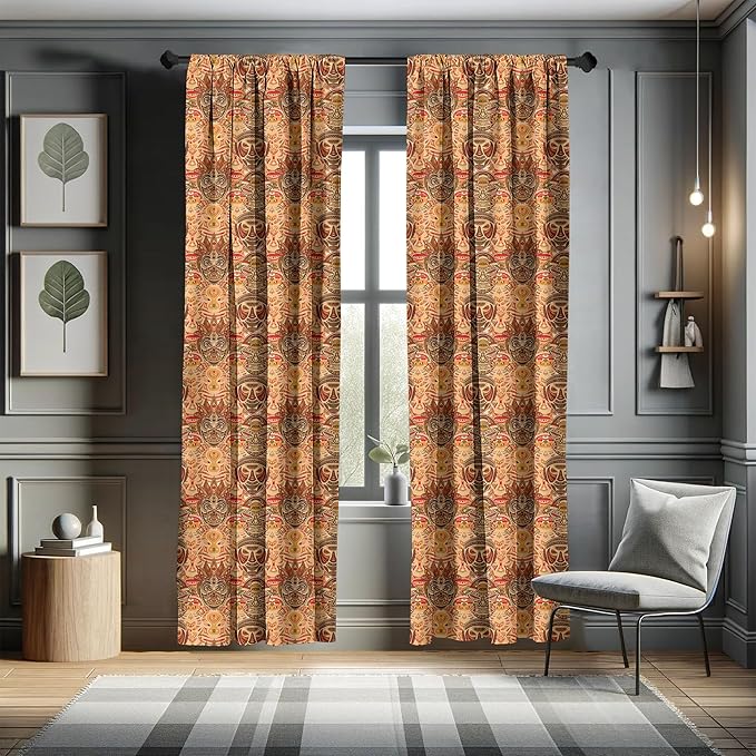 Ambesonne African Curtains, Motif with Pattern Design, Window Treatments 2 Panel Set for Living Room Bedroom, Pair of - 28" x 95", Brown Orange