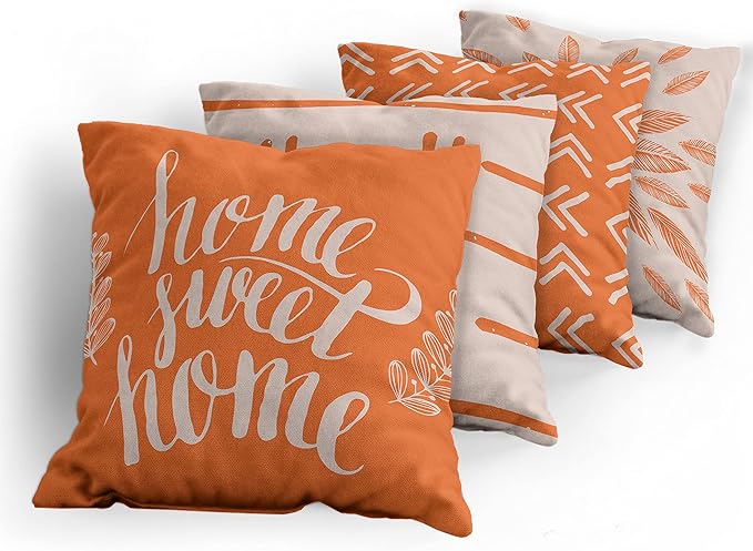 Ambesonne Modern Throw Pillow Cushion Case Pack of 4, Scandinavian Minimal Ornaments Boho Feather Leaves and Home Phrase, Modern Accent Double-Sided Digital Printing, 20", Pale Tan and Burnt Orange