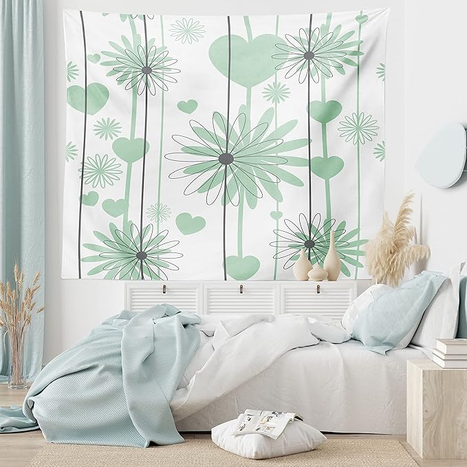 Lunarable Hearts Tapestry, Floral Abstract Striped Background Soft Color Daisies Nature Flourish, Wide Wall Hanging for Bedroom Living Room Dorm, 60" X 40", Mint Green Charcoal Grey