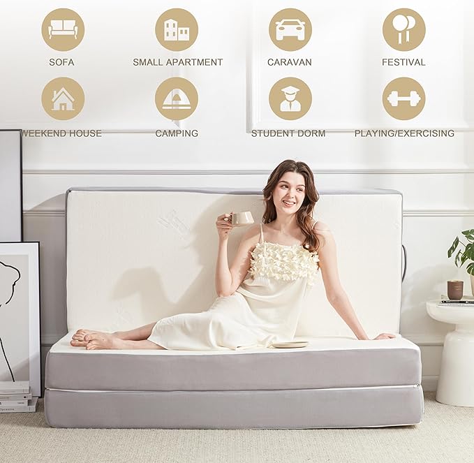 Folding Mattress, 6 Inch Memory Foam Tri-fold Mattress with Breathable & Washable Bamboo Fiber Fabric Cover, Foldable Guest Bed for Camping, Road Trip, Queen