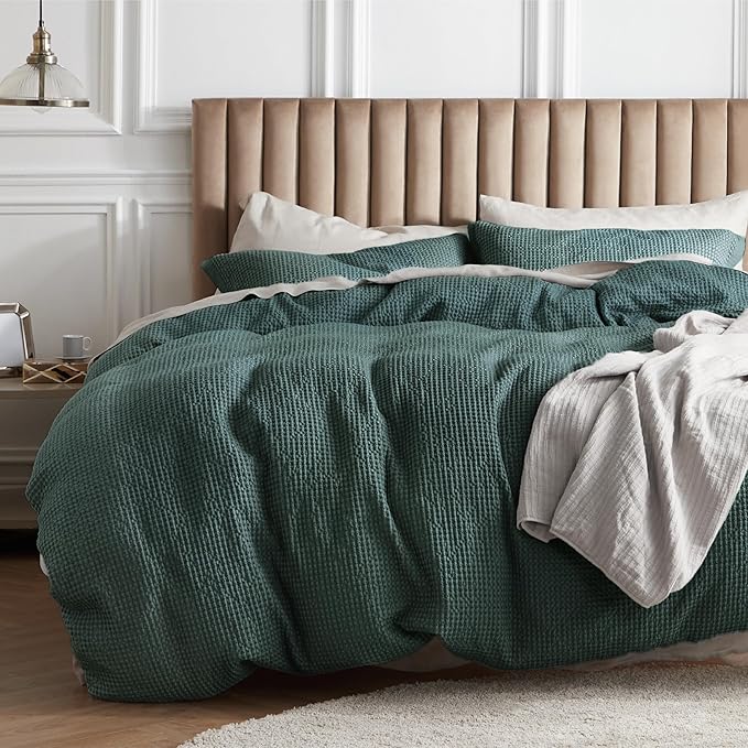 Bedsure Cotton Duvet Cover Queen - 100% Cotton Waffle Weave Forest Green Duvet Cover Queen Size, GentleSoft™ and Breathable Bedding Set for All Season, 3 Pieces, 90"x90"