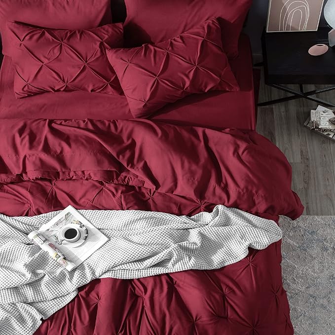 Bedsure Queen Comforter Set Dark Red - Bed in a Bag Queen Size Bedding 7 Pieces, GentleSoft™ Pintuck Bed Set Gift for Family, Pinch Pleat All Season Comforter with Sheets, Pillowcases & Shams