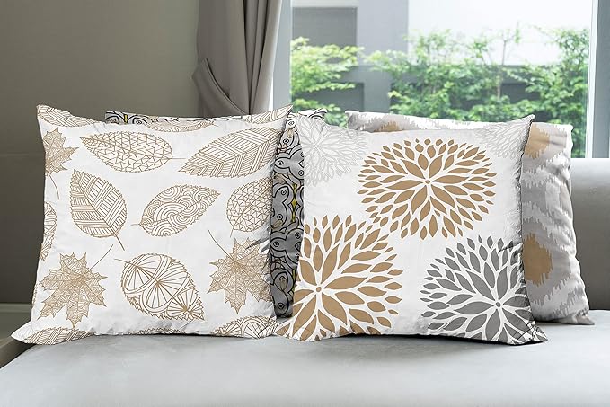 Ambesonne Vintage Throw Pillow Cushion Case Pack of 4, Bohemian Ornamental Leaves Dahlia Pattern Geometric Art Curlicue, Modern Accent Double-Sided Digital Printing, 18", Pale Brown Grey White