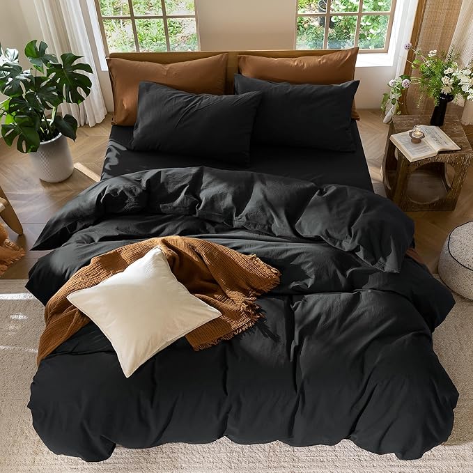 MooMee Bedding Duvet Cover Set 100% Washed Cotton Linen Like Textured Breathable Durable Soft Comfy (Solid Black, Super King 108"x98")