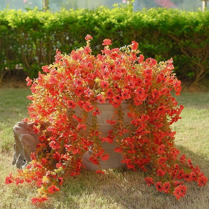 6 Pcs Artificial Hanging Mums Flowers Outdoor, Orange UV Resistant Fake Hanging Fall Plants for Outdoor Planter Patio Front Door Window Autumn Decoration (6, Orange)
