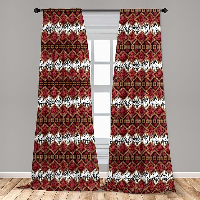 Ambesonne Savannah Curtains, Animal Skin Stripes as Diamond Shapes Pattern Wild Life Concept Native Art, Window Treatments 2 Panel Set for Living Room Bedroom, Pair of - 28" x 63", Red Brown