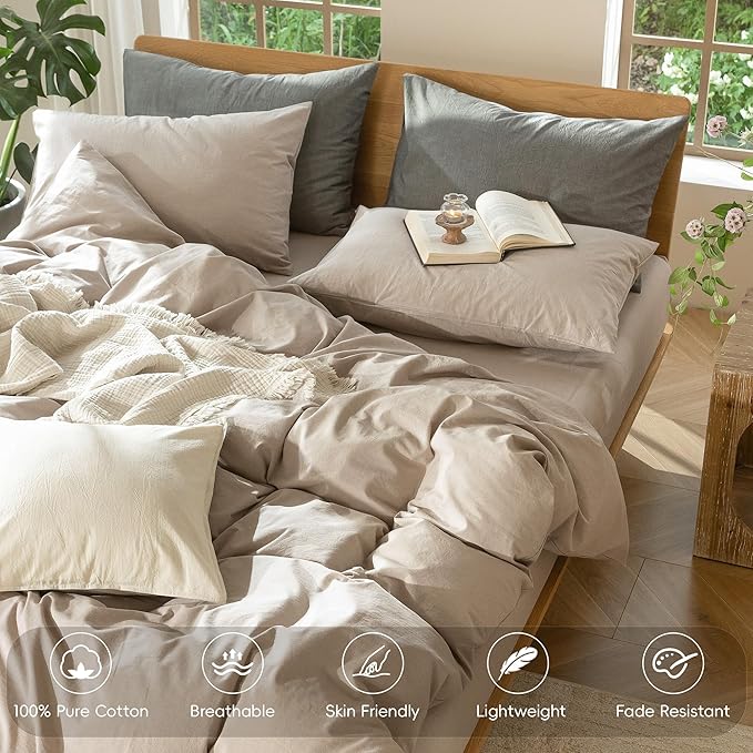 MooMee Bedding Duvet Cover Set 100% Washed Cotton Linen Like Textured Breathable Durable Soft Comfy (Heathered Taupe, Twin 68"x90")