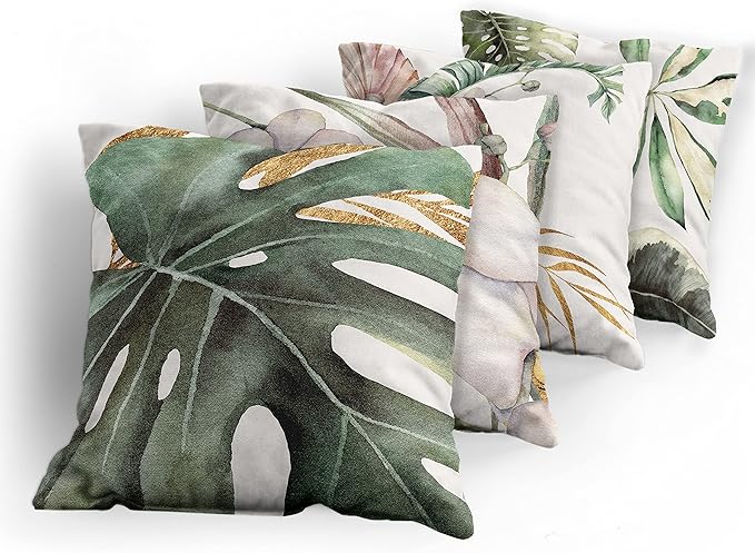 Ambesonne Vintage Tropical Throw Pillow Cushion Case Pack of 4, Retro Botanical Summer Vibes Monstera Leaf Orchid Flowers, Modern Accent Double-Sided Digital Printing, 20", Laurel Green Ginger Blush