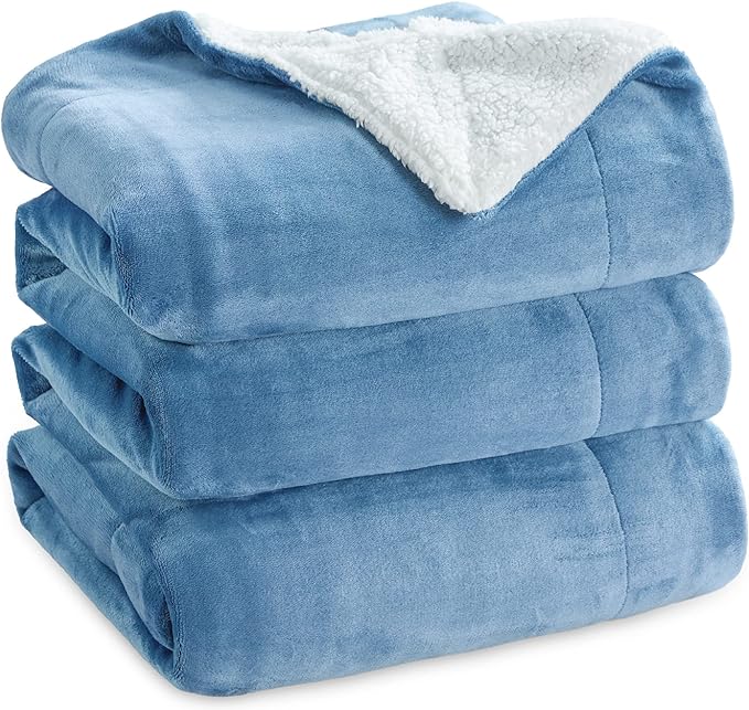 Bedsure GentleSoft Sherpa Fleece Blankets Queen Size for Bed - Thick and Warm Throw for Women and Men, Soft Fuzzy Plush Queen Blanket for Winter, Washed Blue, 90x90 Inches