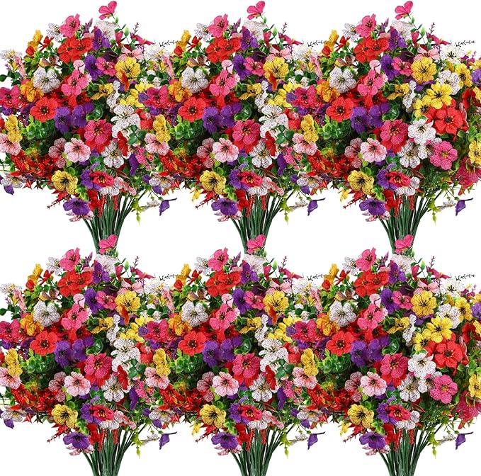 SHareconn 24 Bundles Artificial Flowers for Outdoors, Faux Plants Fake Silk Colorful Daisy Eucalyptus Lavender, UV Resistant for Outside Home Porch Patio Spring Decor, RedRosyPurpleYellowPinkWhite