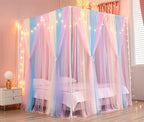 Akiky Canopy Bed Curtains with Lights 4 Corner Post Bed Canopy for Adults Girls, Rainbow Bed Drapes Netting-8 Panel Curtains,Twin