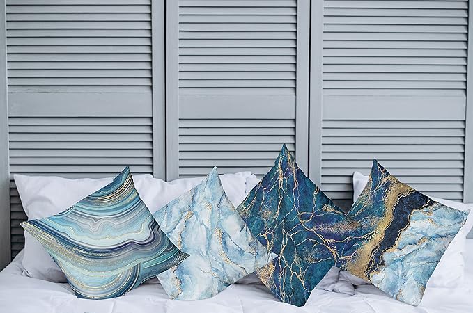 Ambesonne Marble Print Throw Pillow Cushion Case Pack of 4, Modern Themed Pastel Stone Stain Look Veins Aquatic, Tones for Decorative Home Accent Double-Sided Digital Printing, 16", Pale Blue Indigo
