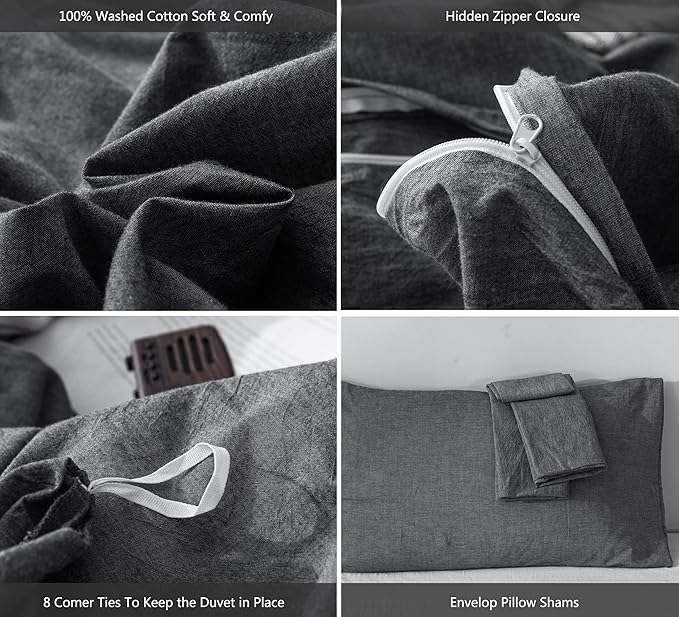 MooMee Bedding Duvet Cover Set 100% Washed Cotton Linen Like Textured Breathable Durable Soft Comfy (Heathered Dark Grey, King 104"x90")