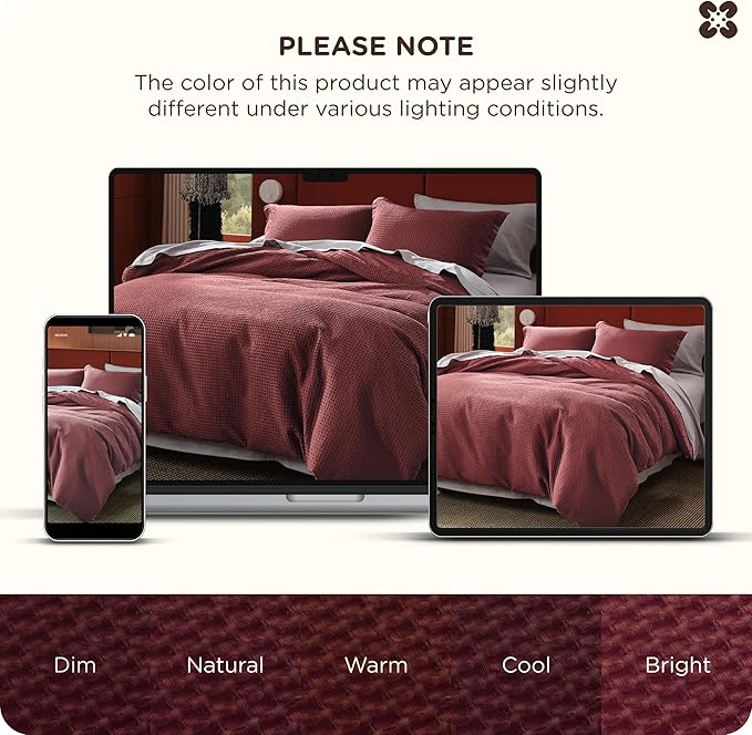 Bedsure Cotton Duvet Cover King - 100% Cotton Waffle Weave Maroon Red Duvet Cover King Size, GentleSoft™ and Breathable Bedding Set for All Season, 3 Pieces, 104"x90"