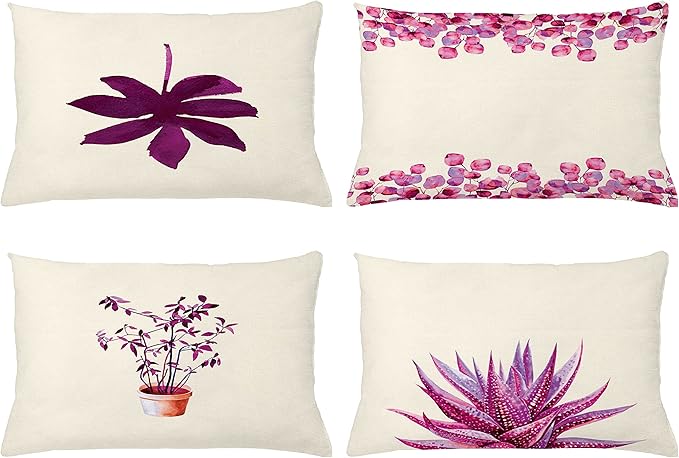 Ambesonne Botanical Throw Pillow Cushion Case Pack of 4, Minimalist Watercolor Painting Leaves Agave Branches Plant in a Pot, Modern Accent Double-Sided Printing, 20" x 12", Dark Magenta and Pink